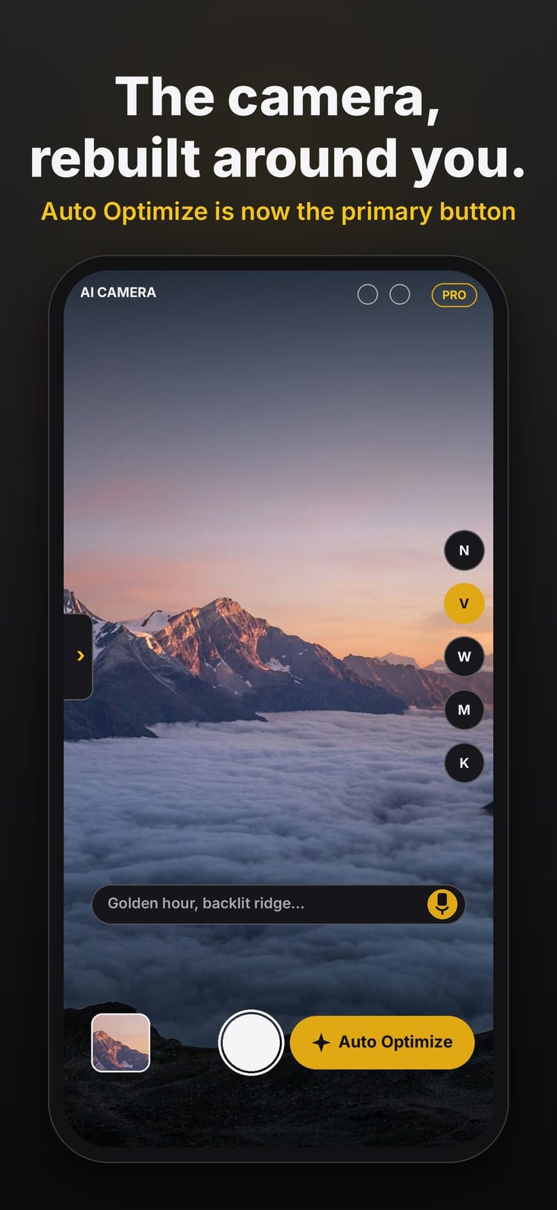 The ProTune camera screen with the Auto Optimize button next to the shutter