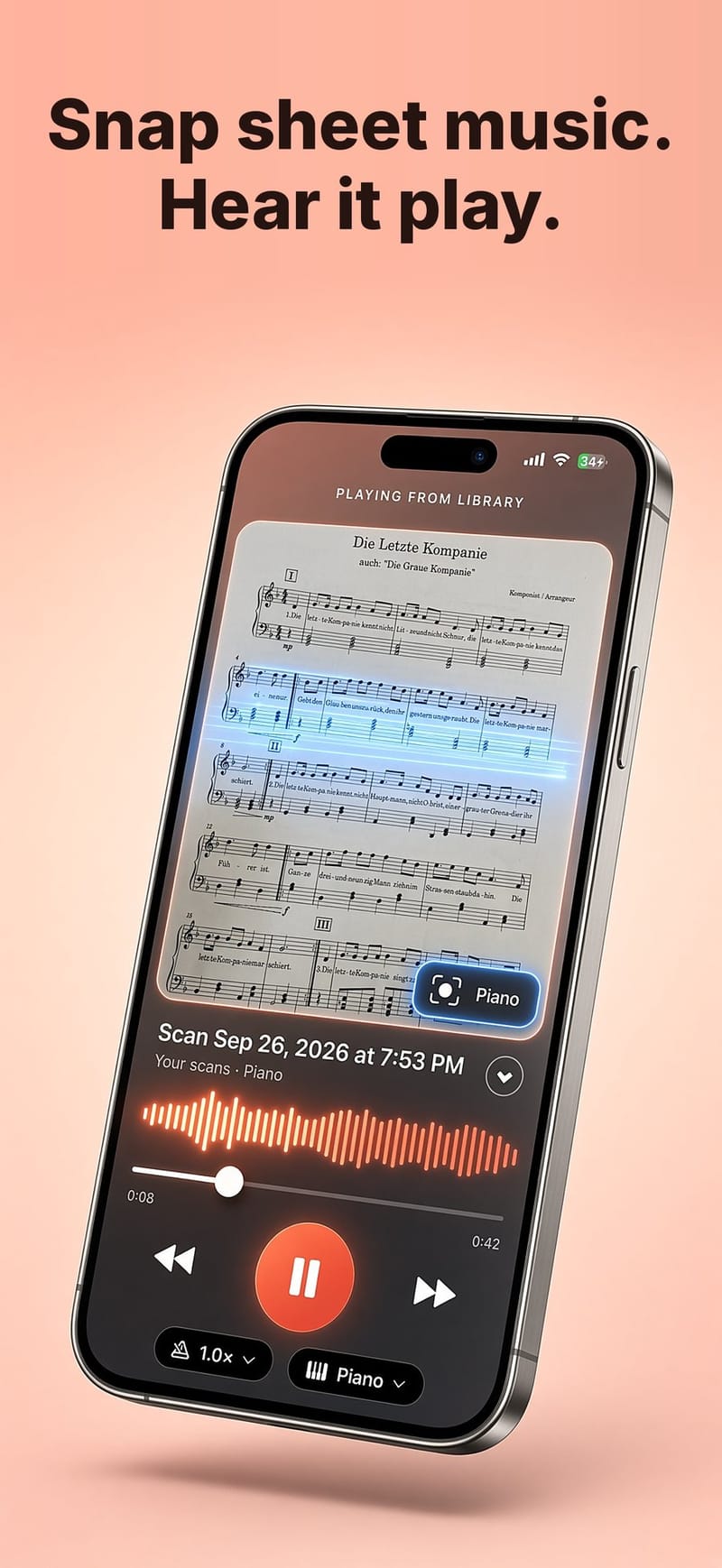 Music Reader playing a photographed page with the current notes highlighted