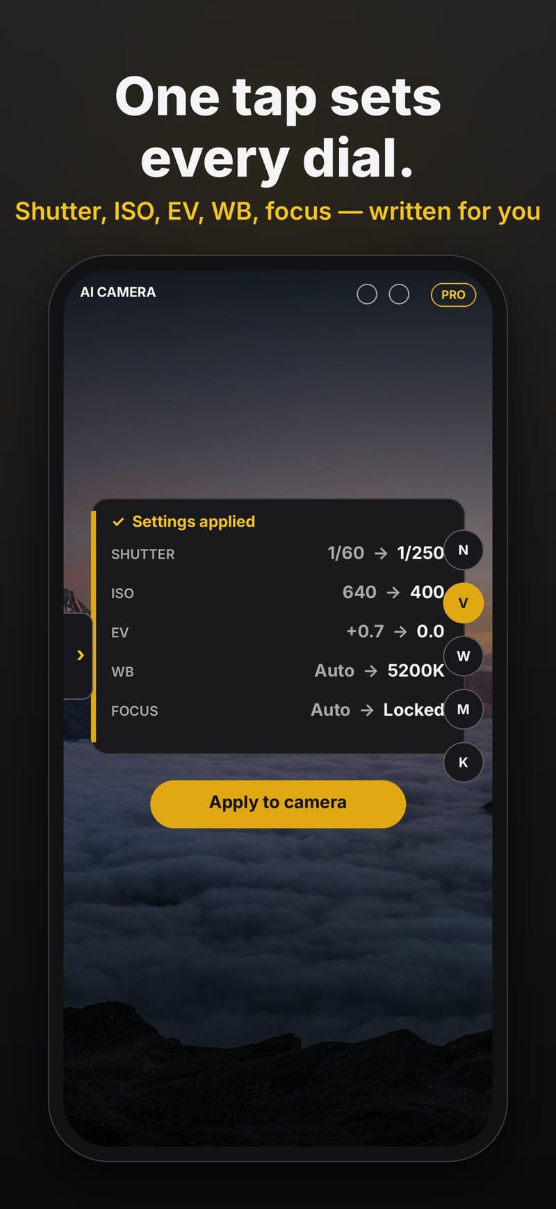 ProTune listing the settings Auto Optimize applied, from shutter and ISO to white balance and focus