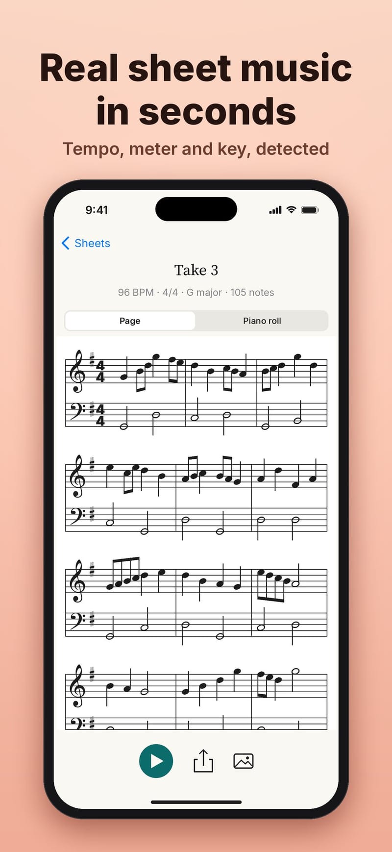 An engraved score with tempo, meter and key shown above the staff