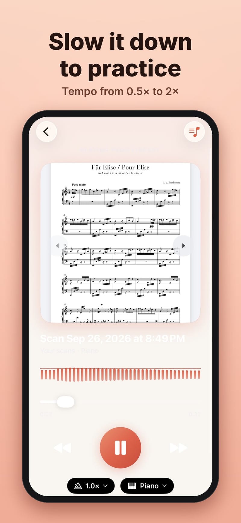 The Music Reader player with a tempo control for practice