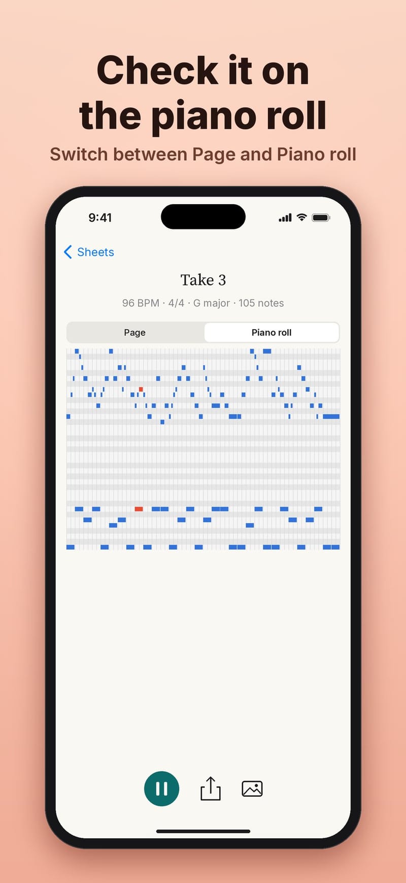 The piano roll view of the same take
