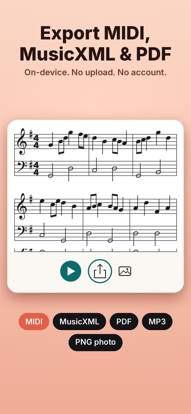 The export sheet offering MIDI, MusicXML, PDF, MP3 and a PNG photo of the score