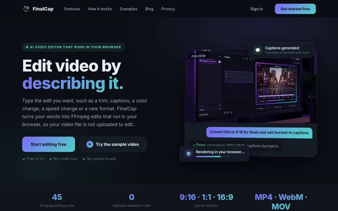 The FinalCap landing page: a chat request turns into a 9:16 video with burned-in captions