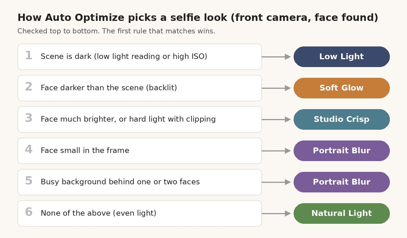 Chart of the six rules Auto Optimize checks to pick a selfie look